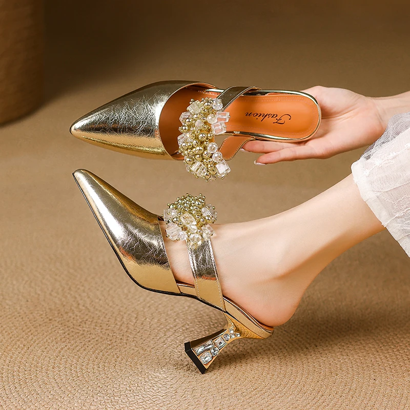 

Genuine Leather Mules Pointed Toe Rhinestone Chunky Heel Backless Dress Sandals Fashion Elegant Shoes for Women
