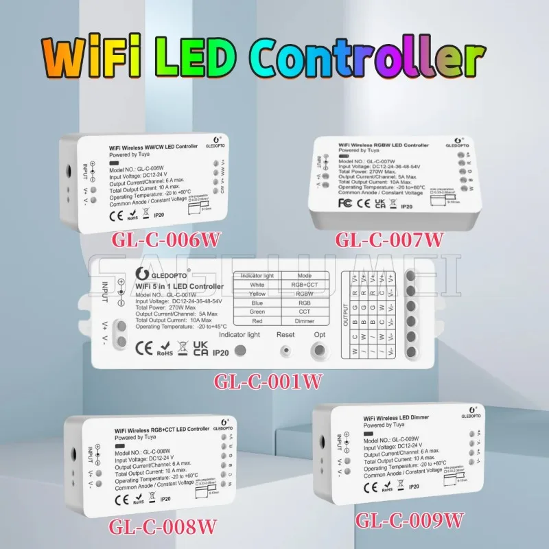 Gledopto Yandex Alice WiFi LED Controller GL-C-001W/006W RGBCCT DC12-24V Tuya Smart Life Warm Cold White Dimmable Strip Light