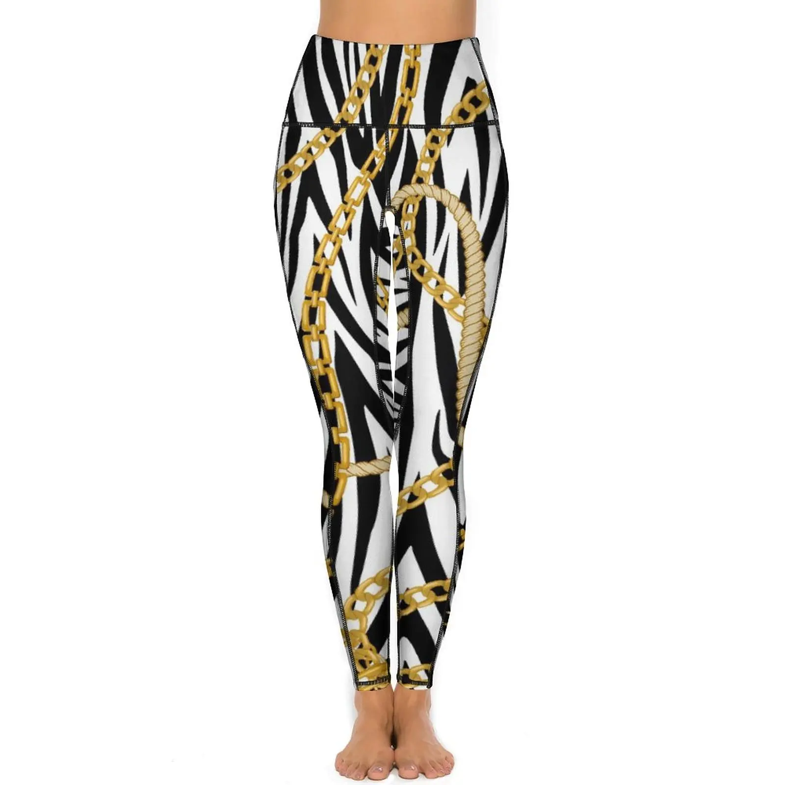 Gold Chains Yoga Pants Pockets Zebra Striped Leggings Sexy High Waist Kawaii Yoga Sports Tights Quick-Dry Graphic Gym Leggins