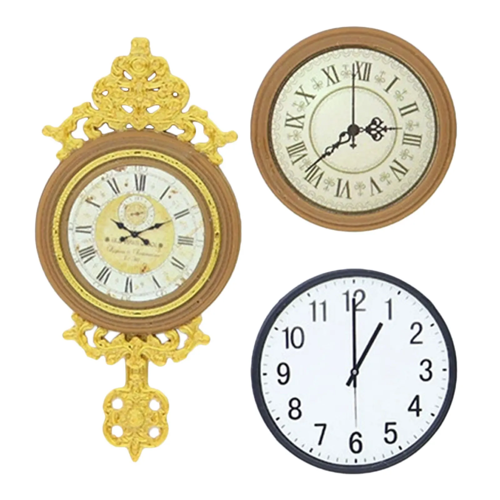 3 stuks retro wandklok decoratieve Romeinse cijfers hangende klok voor poppenhuismeubilair mini-scèneopstelling realistische huissimulatie