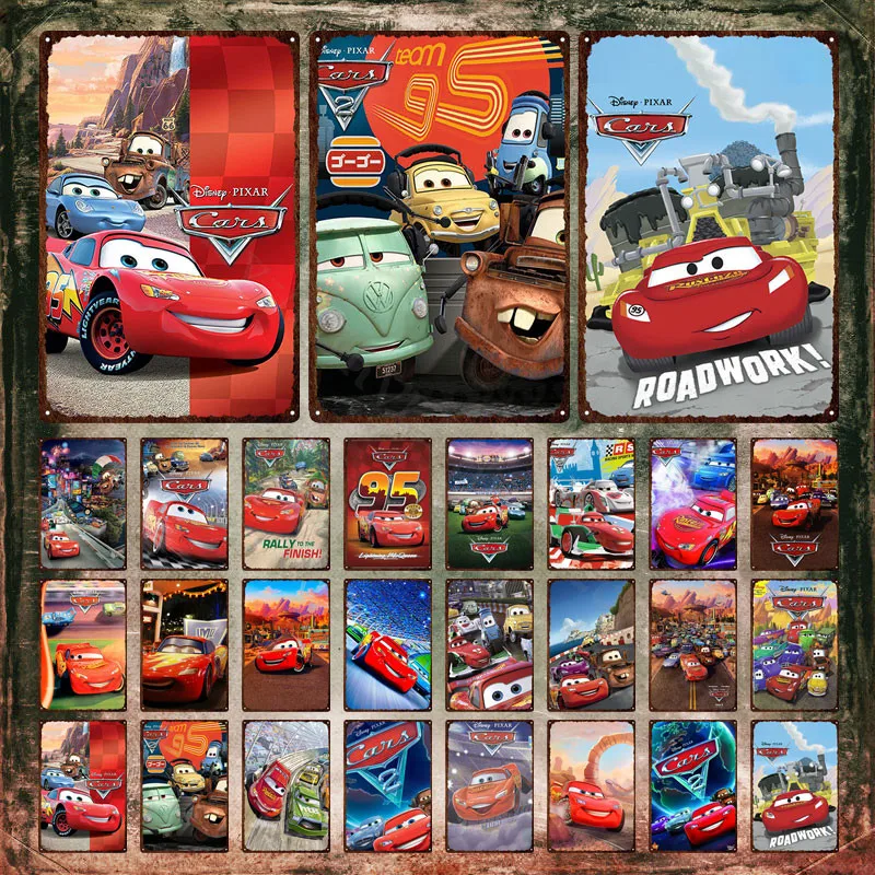 Disney Cars Metal Poster Route 66 Road Car Racing Cartoon Plaque Iron Paintings Metal Signs Tin Signs for Living Room Decoration