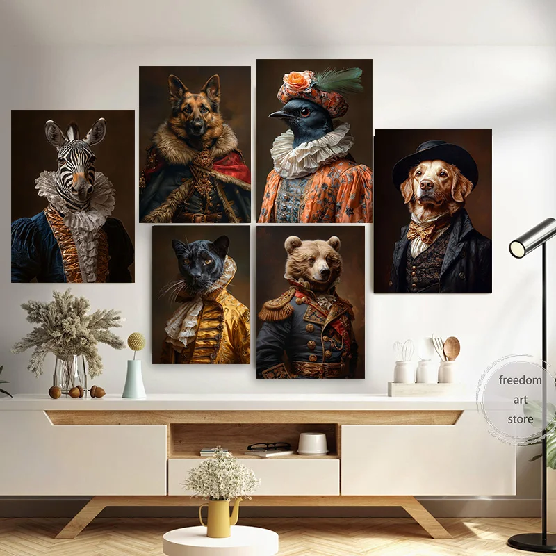 Retro Renaissance Animal Regal Lion Dog Cat Zebra German Shepher Art Poster Canvas Painting Wall Prints Picture Room Home Decor