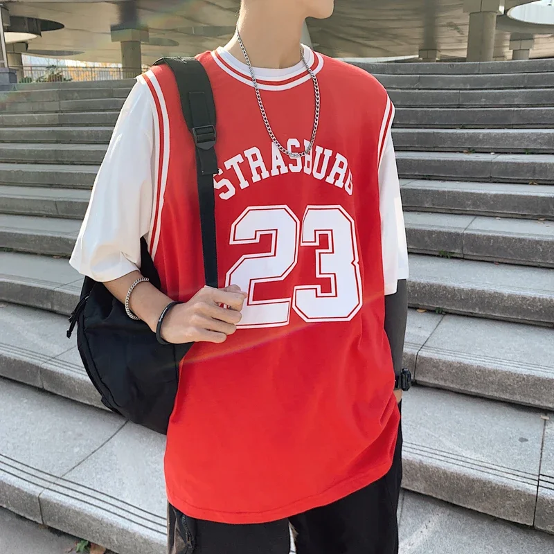 Fake Two-piece Basketball Uniform T-shirt Men 2023 New Summer Hip Hop Short-sleeved Jerseys for Students Streetwear Cotton Tees