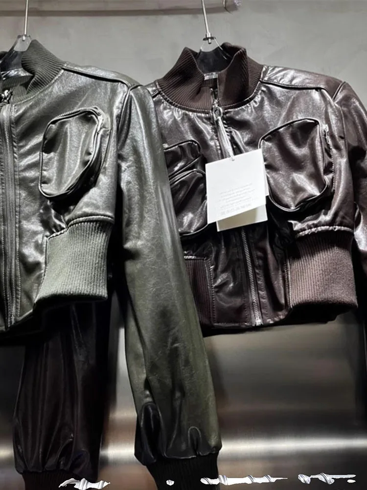 New Fashion Style Stand up Neck Pocket Loose PU Leather Spicy Girl Motorcycle Short Coat Women's Leather Jacket Fashion 2024
