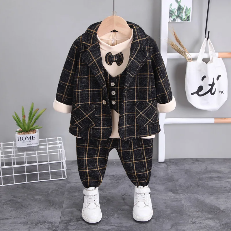 

My First Christmas Clothes for Baby Boy Fashion Turn-down Collar Plaid Suits + T-shirts + Pants Boys Outfit Set Kids Tracksuits