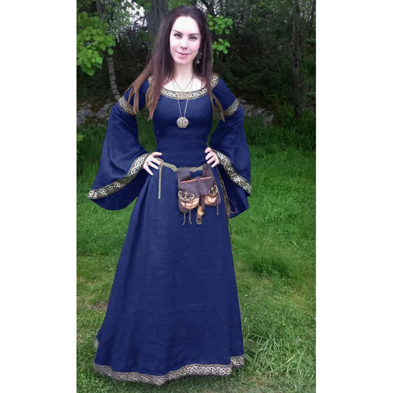 Women Medieval Gothic Cosplay Costumes Halloween Solid Celtic Dresses Long Sleeve Renaissance Skirts