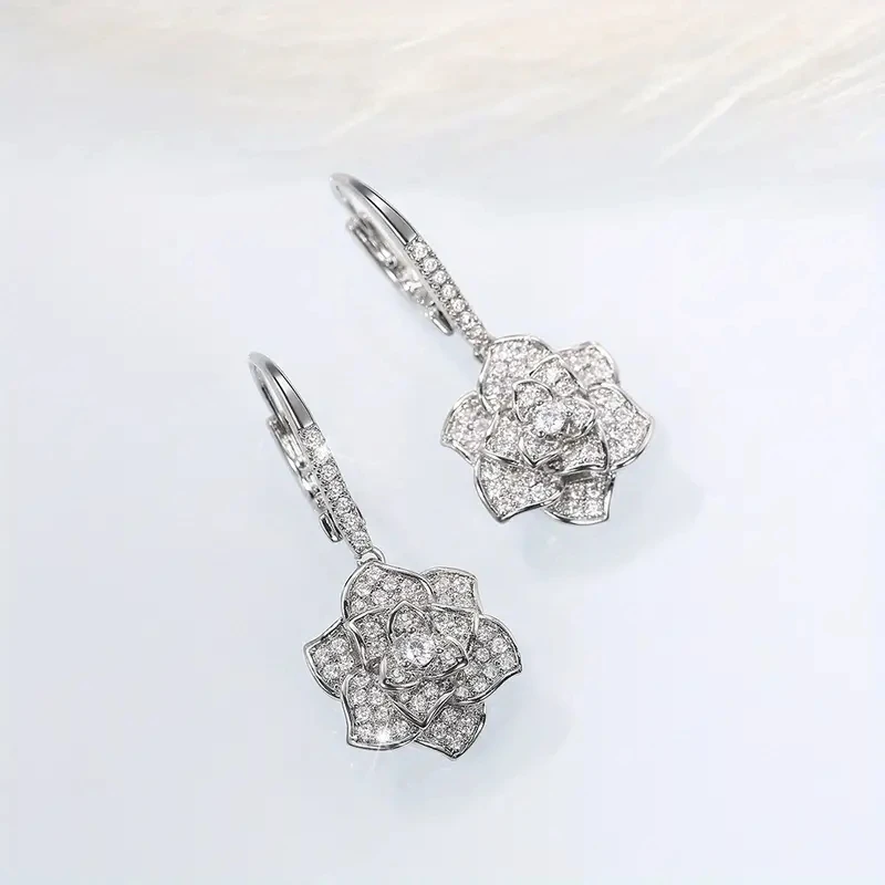 Dazzling Flower CZ Earrings - Chic Hook Style for Womens Casual Wear - Sparkling Fine Jewelry Gift Idea