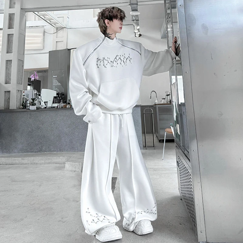 LUZHEN Fashion Street Two-piece Sets Men's Zipper Shoulder Design Long Sleeve Sweatshirt 2025 Autumn Loose Wide Leg Pants JY3912