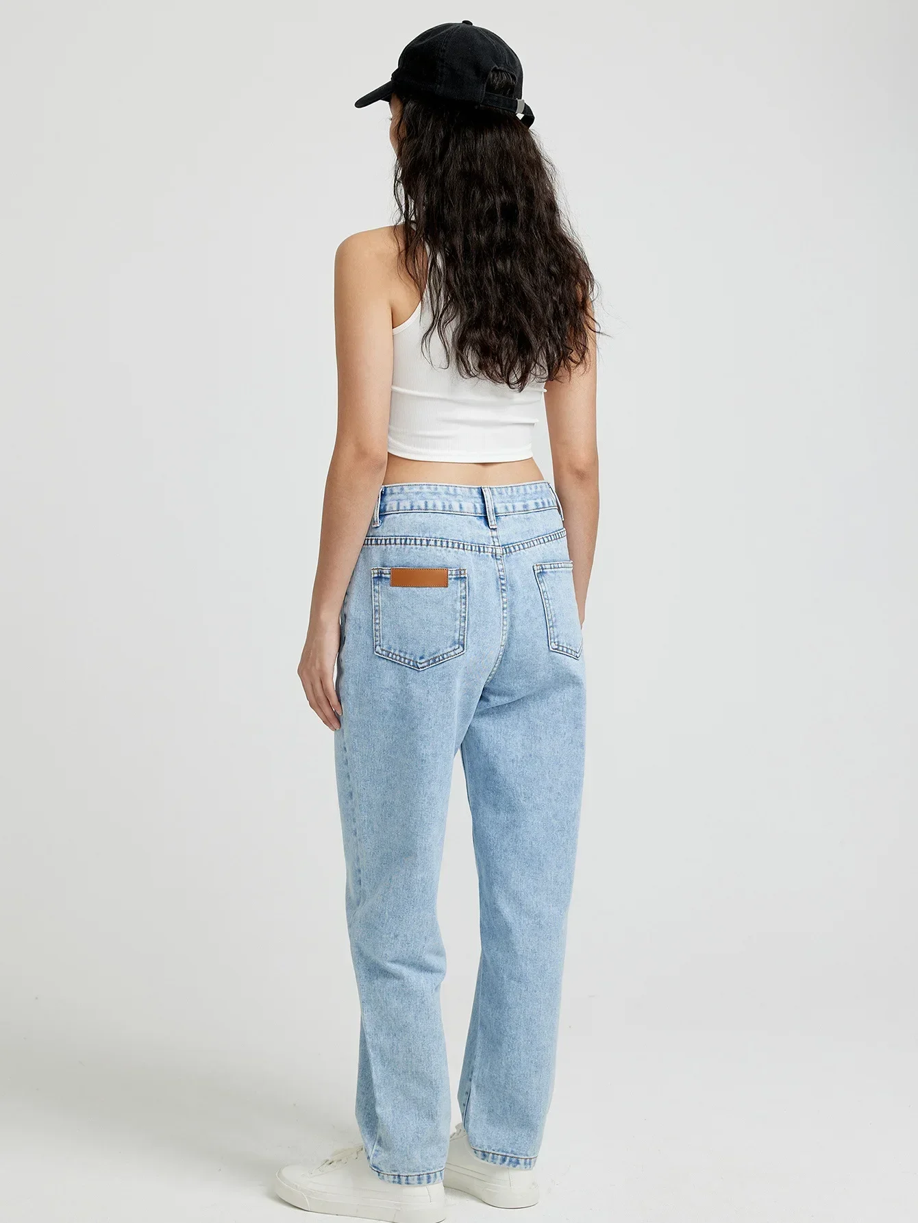Damen-Jeans im Distressed-Look, Vintage-Stil, gerade, hohe Taille, knöchellange Hose, gewaschener Denim, Jeans mit Reißverschluss, gespleißt, lockere Passform, Basics