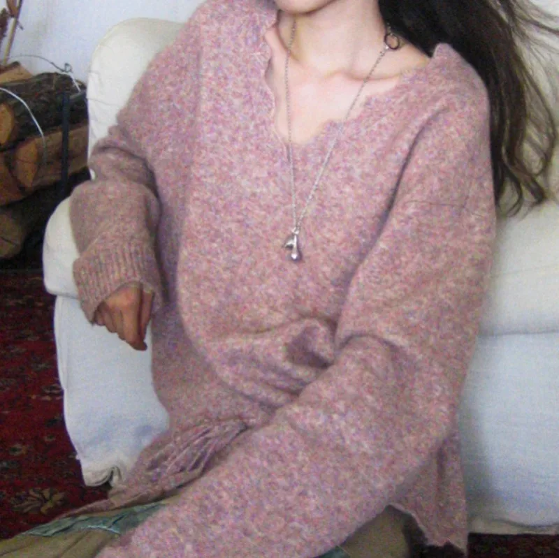 

Нежный темпераментный полый кружевной дизайнерский свитер, женский вязаный пуловер с v-образным вырезом и шнурком, мягкий и удобный свитер