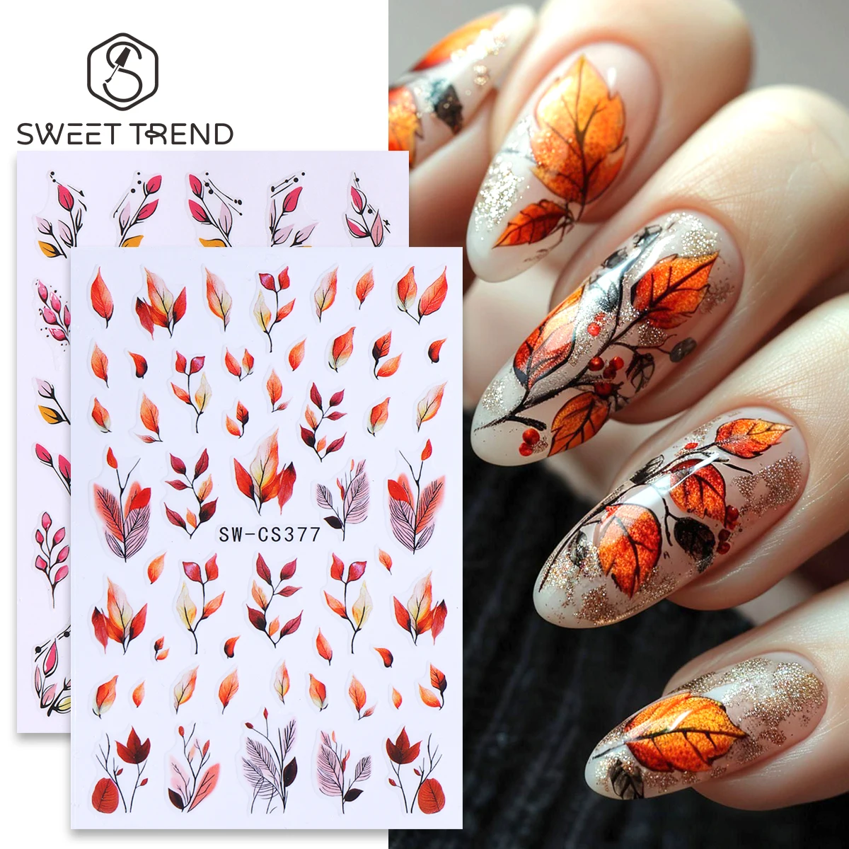 2pcs Gradient Autumn Leaf Nail Art Decals 3DWatercolor Foliage Simple Lift Adhesive Decals DIY Winter Accessories Manicure Foils