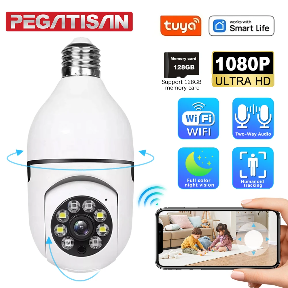 Night Vision Surveillance Camera PTZ Control Camera Tuya E27 Bulb Camera 1080P 4X Digital Zoom AI Human Motion Detect Full Color