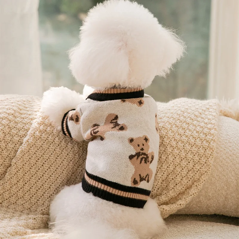 Fashion Dog Clothes Bear Print Cardigan Luxury Knitted Sweater French Bulldog Warm Coat Puppy Outfit Jacket Winter Pet Supplies