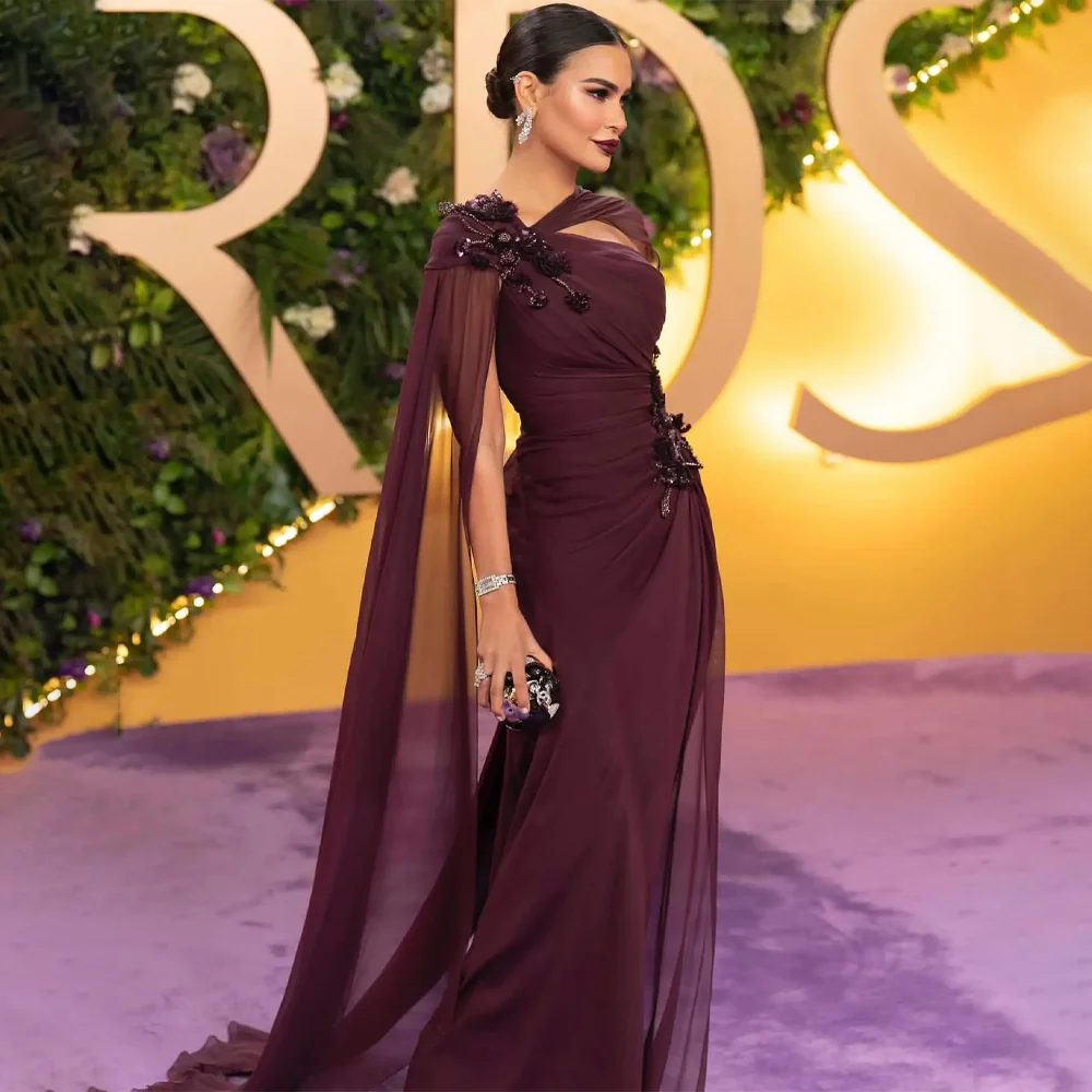 MANRUIXIN Customized Women Chiffon One Shoulder Evening Dress Beaded Applique Floor Length High Slit Formal Occasion Party Dress