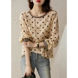 Blusa elegante de manga comprida com o pescoço para mulheres, estampada para primavera e verão, nova moda, roupas femininas, camisa fina e doce, 2023