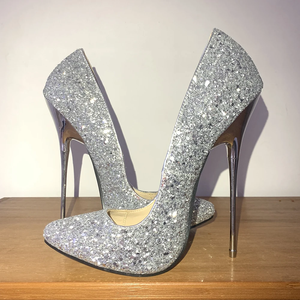 Bling Bling Silver16cm Super Metal High Heels Sexy Pumps Fetish Stilettos Pole Dance Night Club Stripper Glitter SM Unisex Shoes