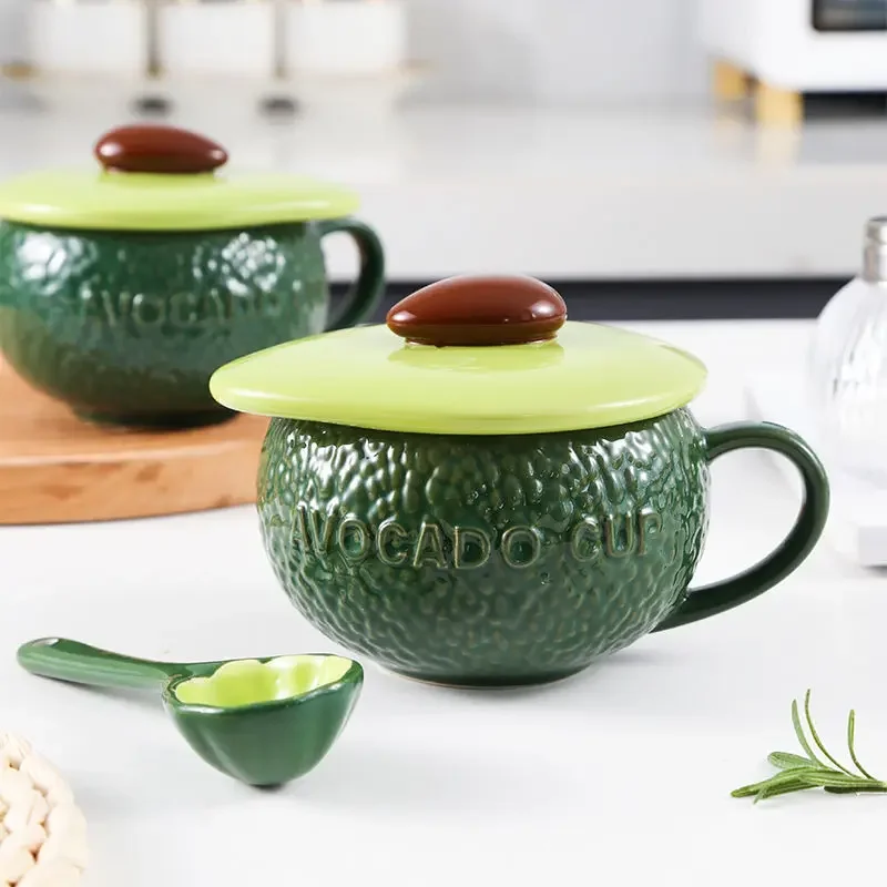 Avocado Coffee Cup Lovely Fruit Hand Painted Underglaze Ceramic Tableware Breakfast Cup with Lid Spoon Office Couple Home