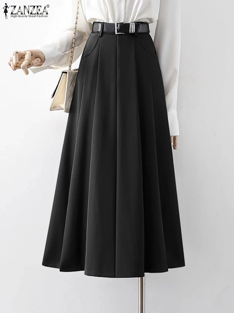 ZANZEA Women Elastic Waist Long Skirt Casual Loose Pleating Pocket Jupe 2024 Summer A-line Faldas Vintage Solid Loose Overskirts
