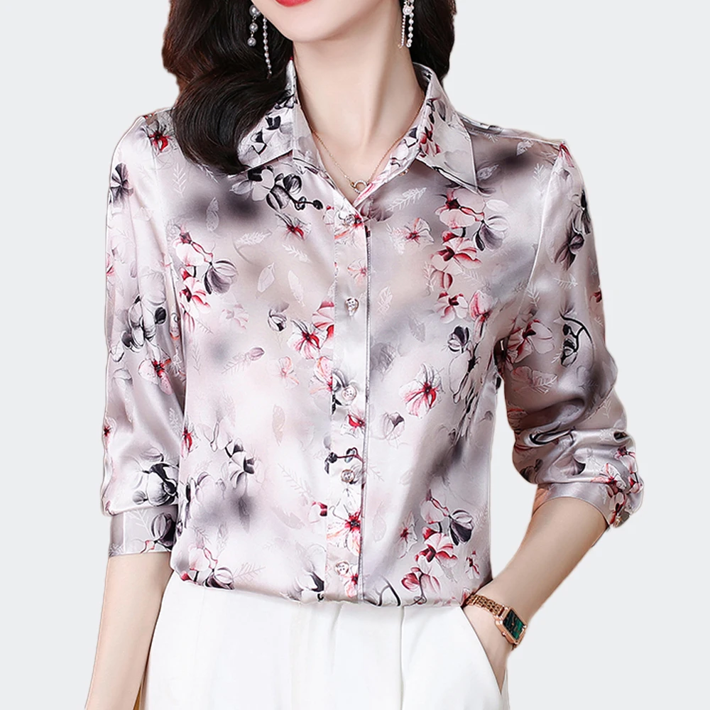 Fashion Printed Women's Shirts Long Sleeve Vintage Satin Silk Blouses Women Basic Tops Blusas Mujer De Moda 2024 Female Clothing