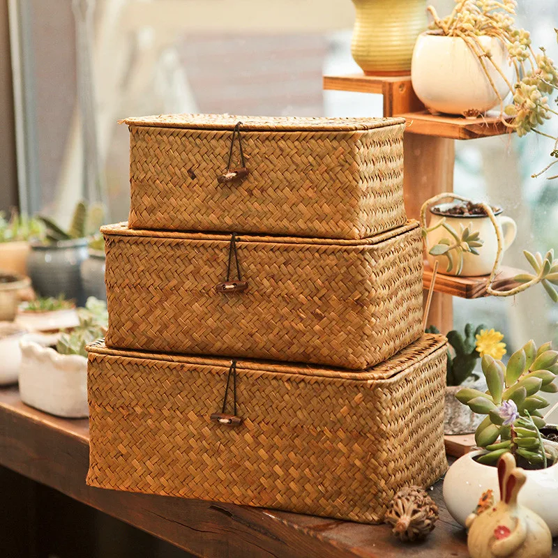 Rectangular Desktop Storage Box Hand Woven Storage Basket Rattan Wicker Basket for Sundries Clothes Container Desktop Organizer