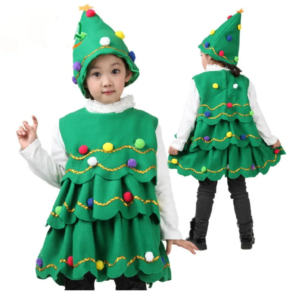 Con sombrero disfraz de árbol de Navidad bolas coloridas decoración ropa de Navidad verde suministros de vestir ropa de actuación de Cosplay