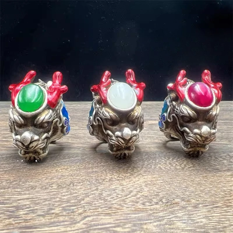 Tibetan Cloisonne Old Collection Silver Inlaid Starlight Gemstone Faucet Ring Men's Open Jewelry, Single Price