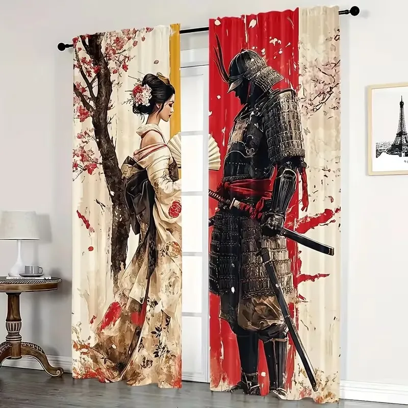 2pcs Japanese Samurai Geisha Curtains Cherry Blossom Window Drapes Vintage Asian Art Decor Living Room Bedroom