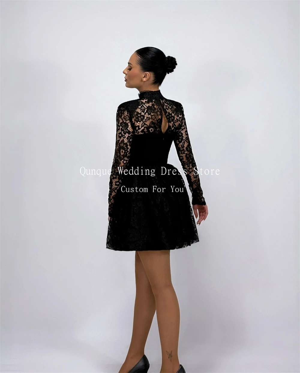 Qunque Black Short Hollow Back Prom Dresses Mini Lace Birthday Dress High Neck Women Vestidos Para Mujer De Noche Customized