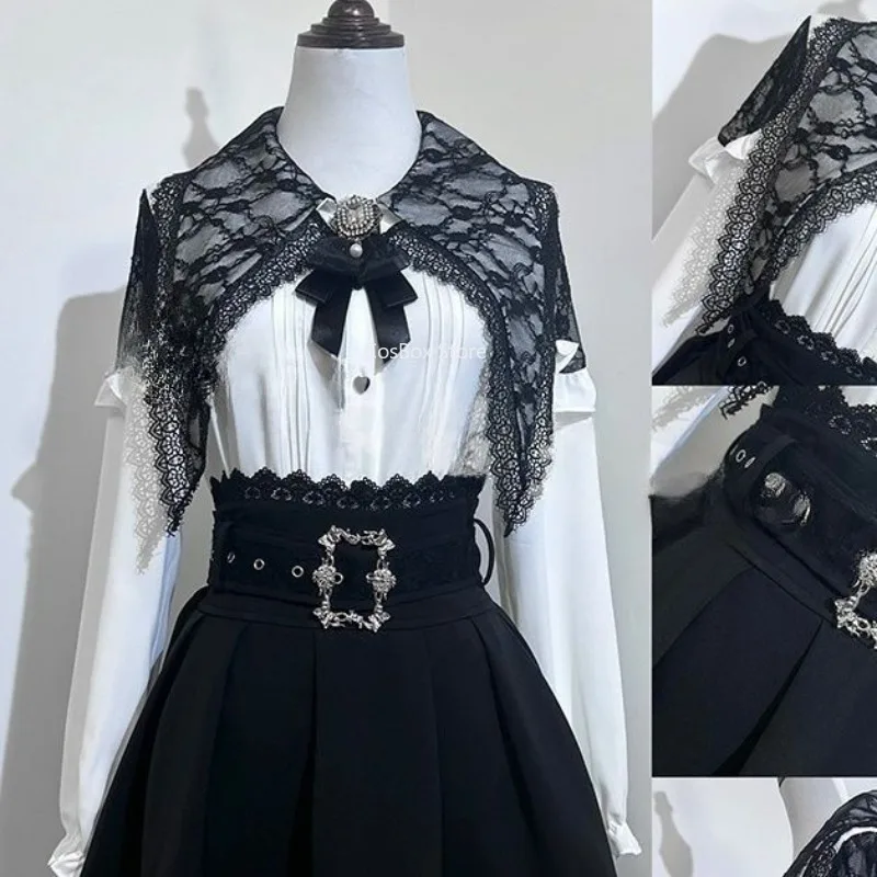 Jirai Kei Lace Bow Blouse Y2K Gothic Lolita Dark Set Long Sleeve Blouse Black High Waist Skirt Women Sweet Kawaii Japanese Style