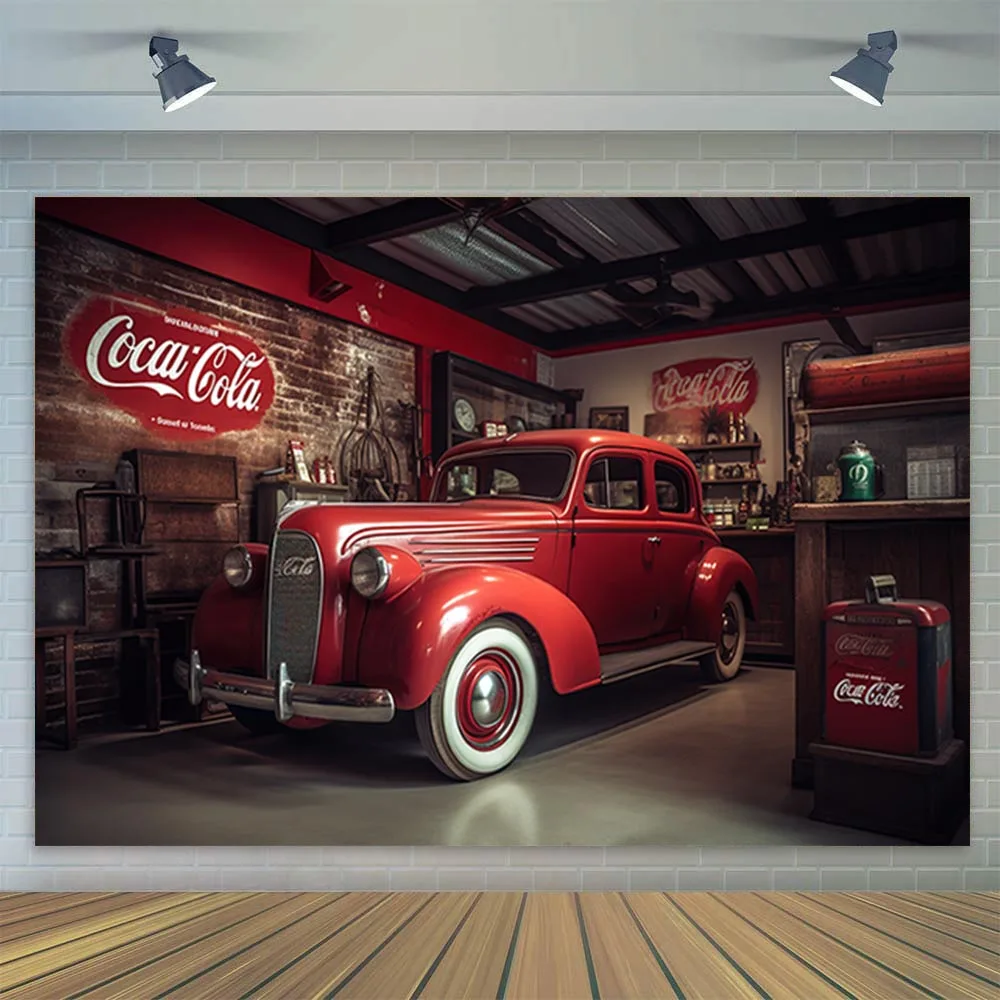 1950s Vintage Coca Cola Mechanic Station 50s Americana Garage Photo Studio Photography background for kids Birthday Party Decor