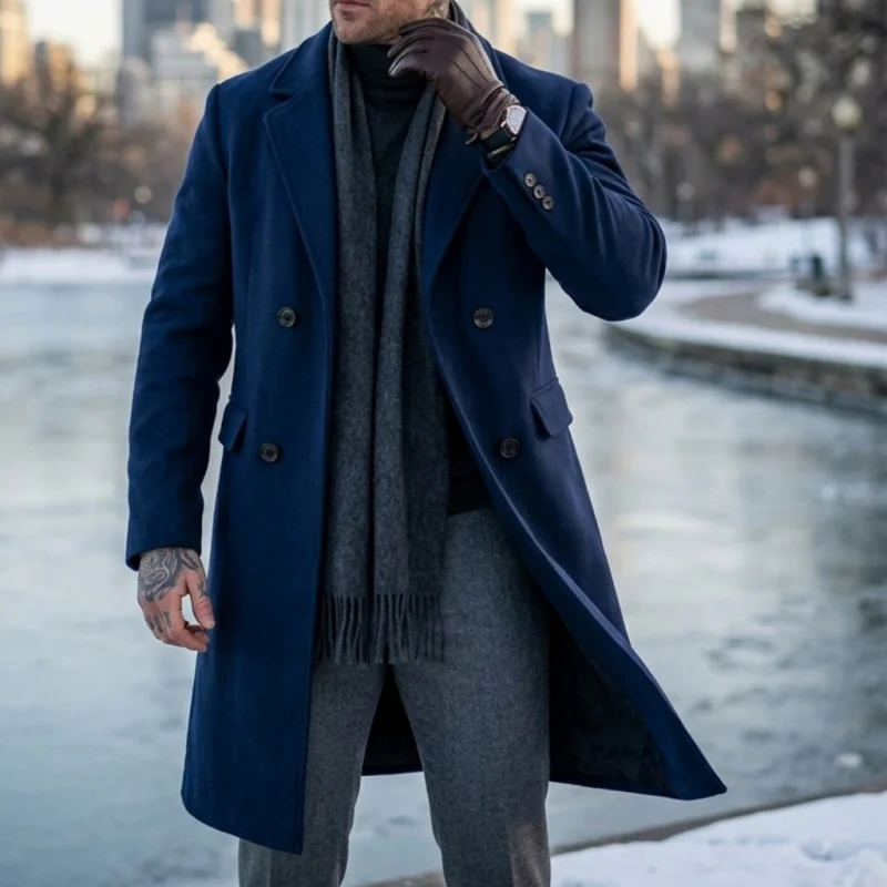 

New Winter Men's Super Long Trench Coat Extended-Length Business Casual & Streetwear Warm Outdoor Wool Blend Long Jacket for Men