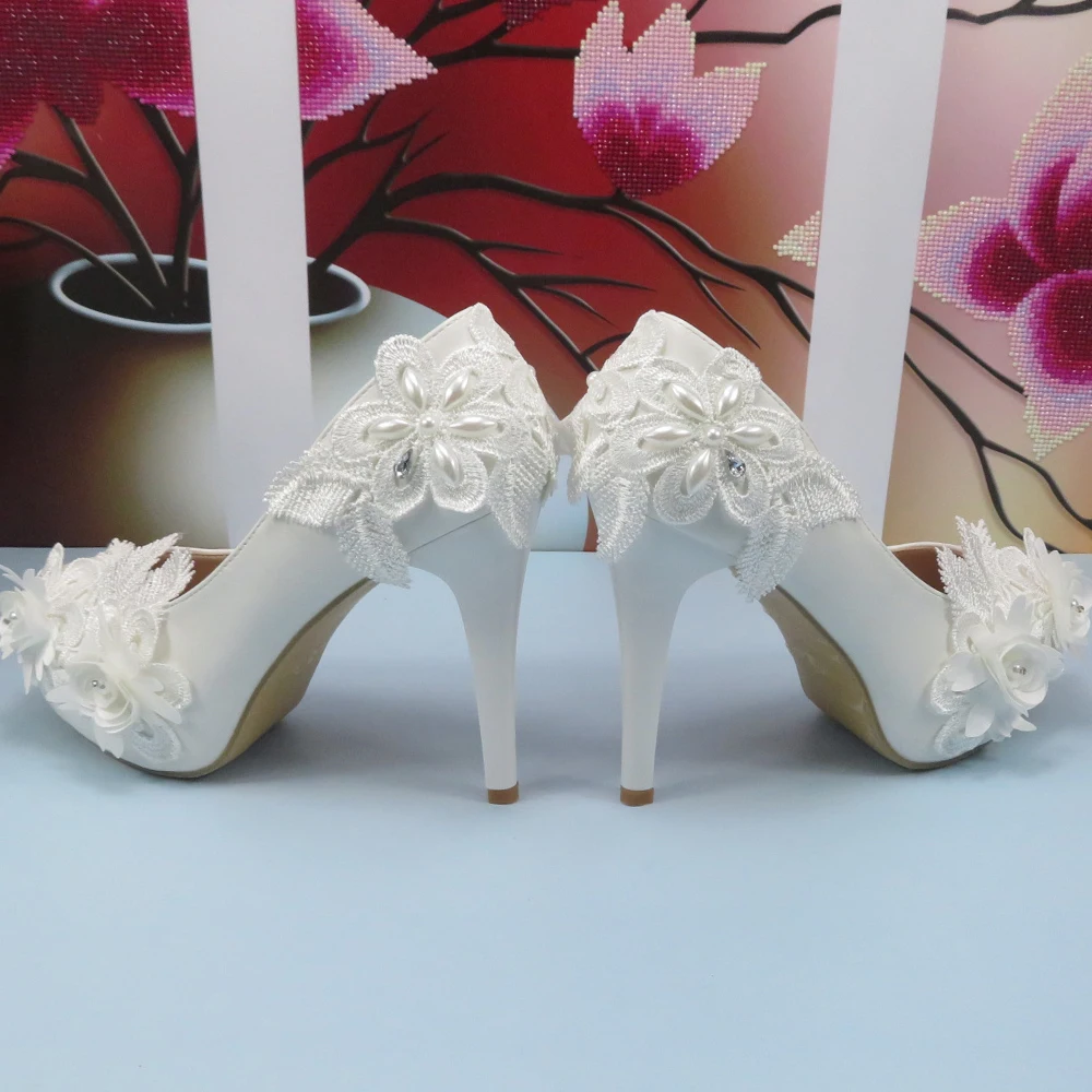 White High Heel Round Toe Flower Wedding shoes Bride Ladies high platform shoes woman Fashion Platform Party Dress shoes Women