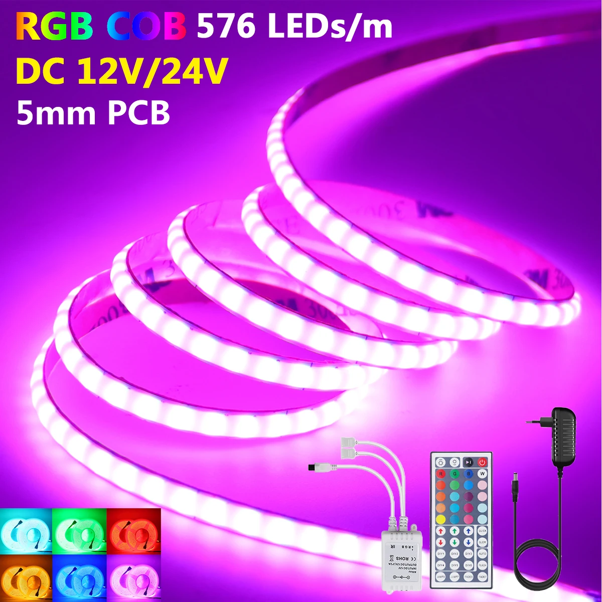 44 Key Remote COB RGB LED Strip Light DC 12V 24V Power Kit 576 LEDs/m 5mm PCB Flexible Tape High Density Home TV Backlight Decor