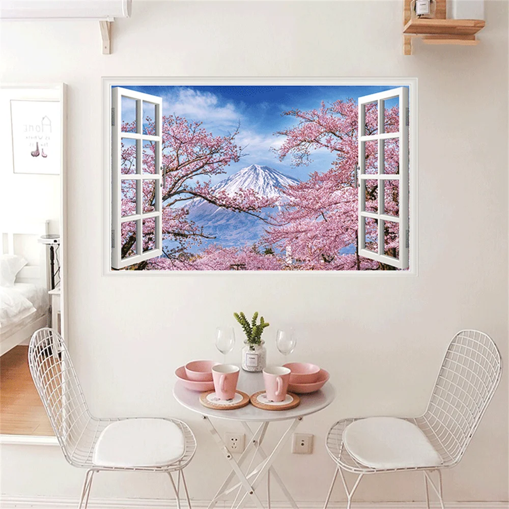 3D Natural Scenery Fake Window Stickers Sakura Tree Beach Building Wall Art Mural Decals Home Office Decoration Vinyl Wallpaper