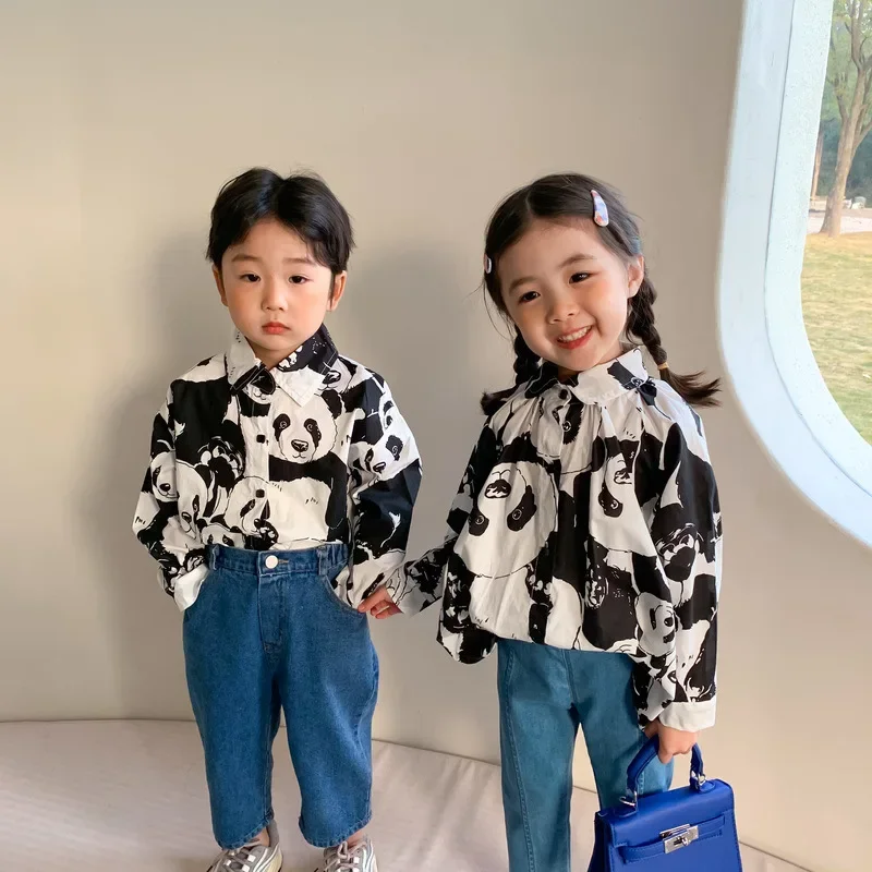 

Spring fashion panda printing long sleeve shirts for boys and girls 2022 casual Brother and sister clothes Tops