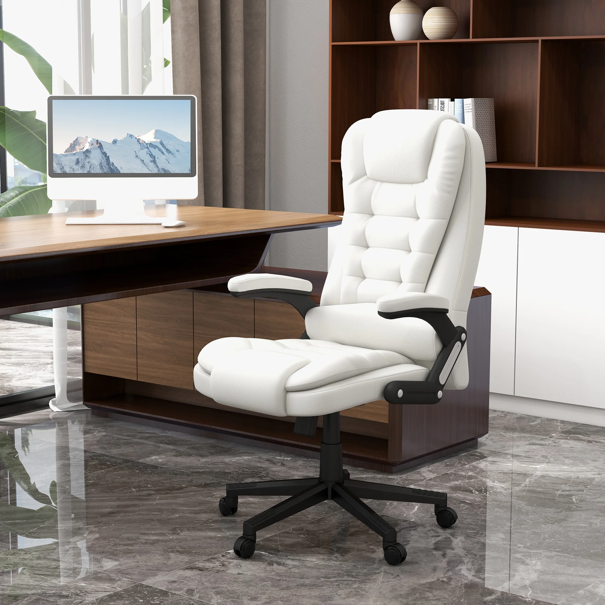 Massage Office Chair, Heated Reclining Computer Chair with 6 Vibration Points, Armrest and Remote, White