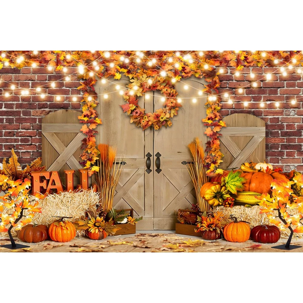 Autumn Scene Backdrop for Photography Fall Farm Barn Door Pumpkin Haystack Harvest Kids Baby Portrait Photo Background Decor