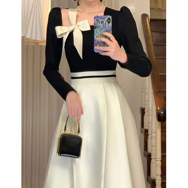 Elegant Hepburn Women Dresses 2024 Spring Korean Fashion Chic Square Collar Bow Long Sleeve Vestidos Patchwork Prom A Line Dress