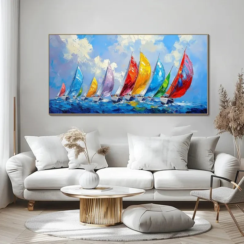 Vibrant Abstract Sailing Boats On Canvas, Colorful Regatta Seascape Canvas Prints, Modern Landscape Poster for Home Decoration