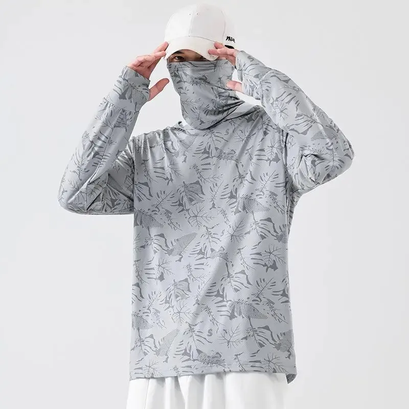 Men's Summer Outdoor Sunscreen Jacket, Ice Silk Breathable Quick-Dry Fishing Sun Protection Hoodie with Face Cover