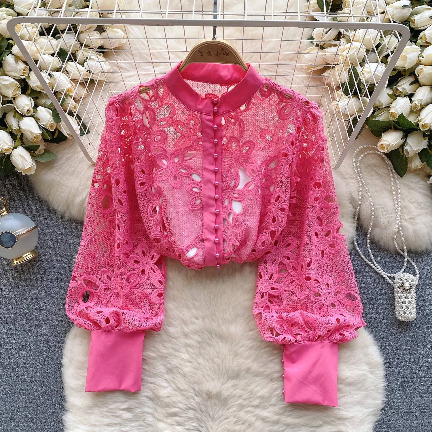 Chic O-neck Long Sleeve Hollow Out Beading Gauze Lantern Sleeve Elegant Fashion Sexy Shirt Spring Autumn Women Blouse Women