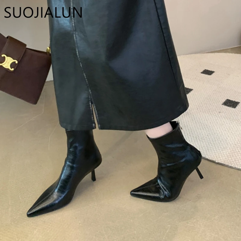 SUOJIALUN 2024 Winter New Brand Women Ankle Boots Fashion Pointed Toe Ladies Elegant Short Boots Shoes Thin High Heel Chelsea Pu