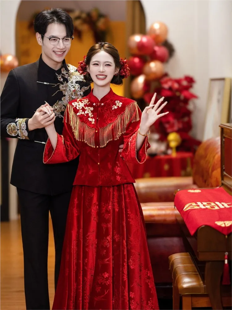 Cheongsam Toast Suit New Chinese Style Dress Long Sleeve Tassle Fashion Appreciation Dinner Casual