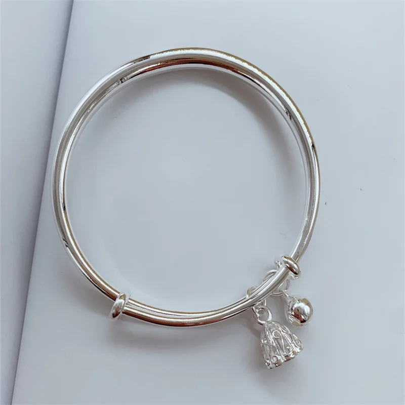 Trendy Sweet Style S999 Silver Telescopic Bangle Embossed Lotus Pod & Small Bell Charms Birthday Valentine Gift For Her