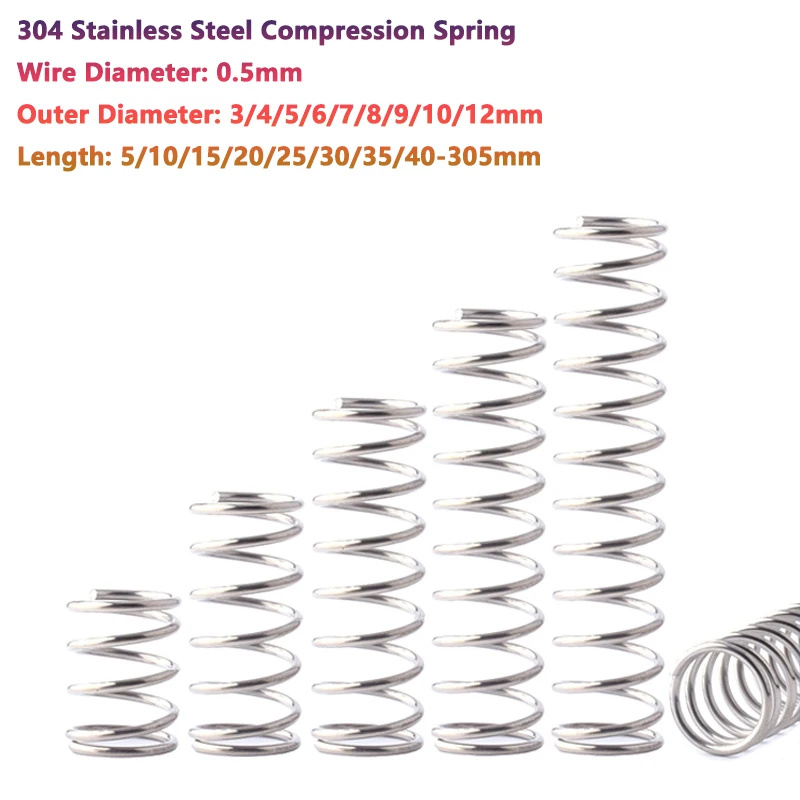 

Wire Diameter 0.5mm 304 Stainless Steel Compression Spring Return Spring OD 3/4/5/6/7/8/9/10/12mm Length 5 10 15 20 25 30-305mm