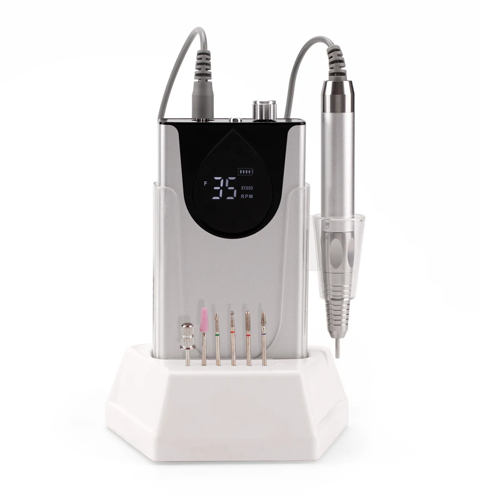 Newly High-end Nail Drill Machine Silver Cordless Portable E-file 35.000RPM Rechargeable