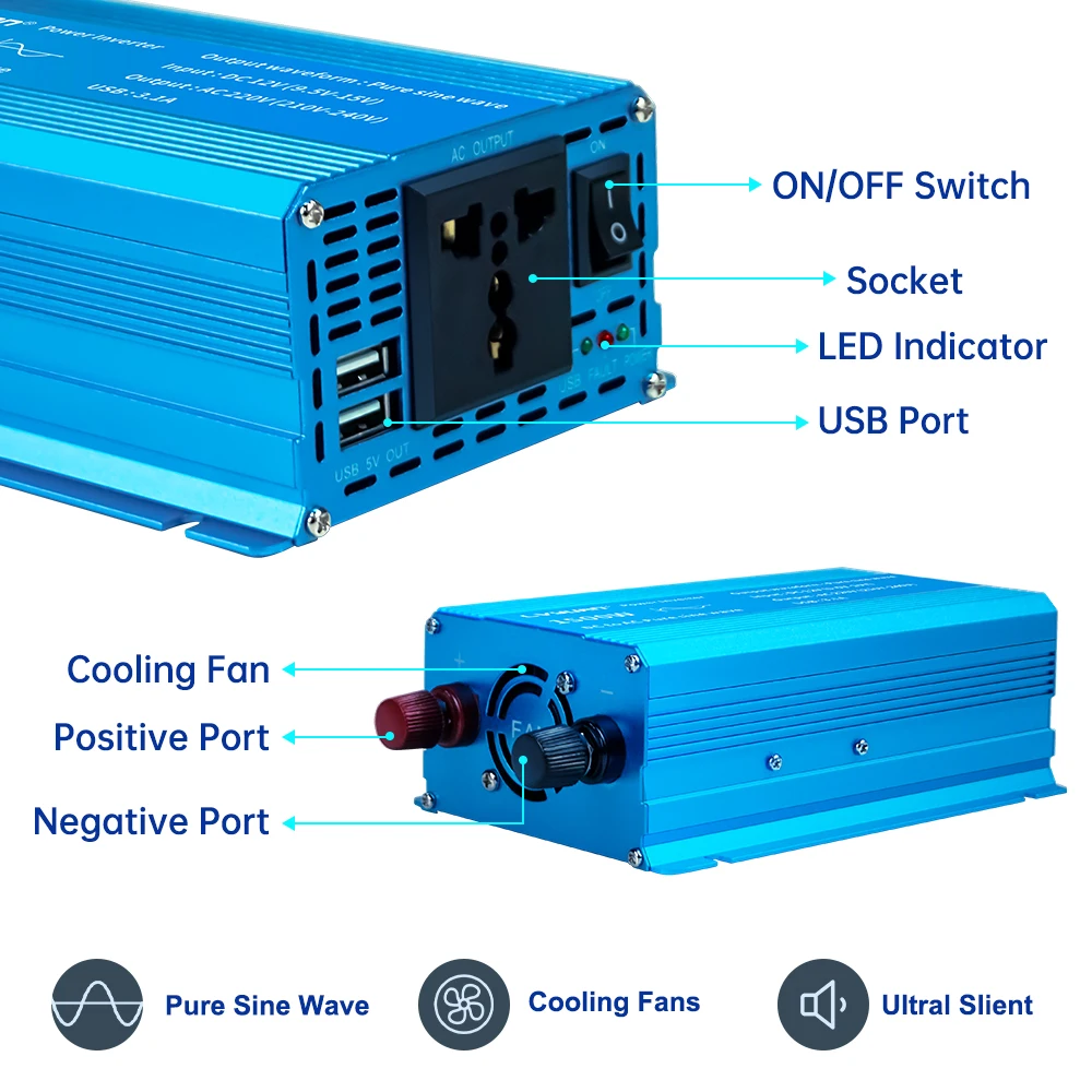 DC12V/24V-AC220V Car Inverter Pure Sine Wave 2200W/1500W/1000W Solar Power Voltage Transformer EU/Universal Inversor