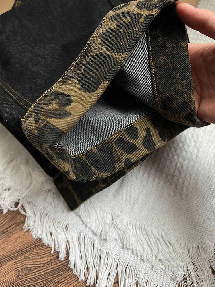 العصرية بلا ليوبارد طباعة واسعة الساق الجينز المرأة عادية عالية الخصر الدنيم السراويل ربيع الخريف حجم كبير طالب الطابق طول