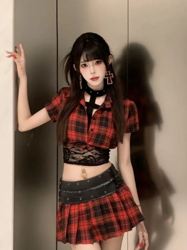 

Summer New Sweet Cool Subculture Hot Girl Dark Plaid Short Sleeve Jacket Cross Top Pleated Skirt Three Piece Set for Teens
