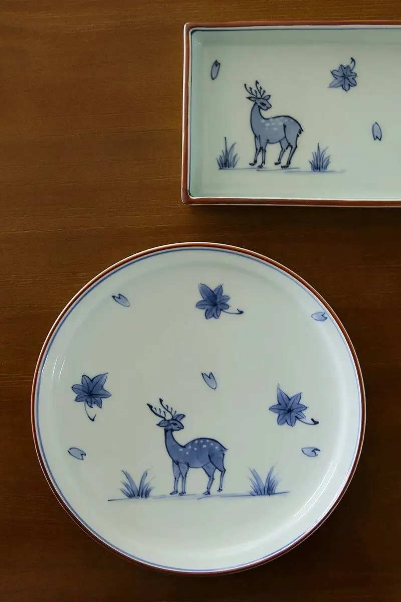 In Stock Japanese Imported Arita Ware Hand-Painted Deer Pattern Round Square Underglaze Color Ceramic Plate Dish